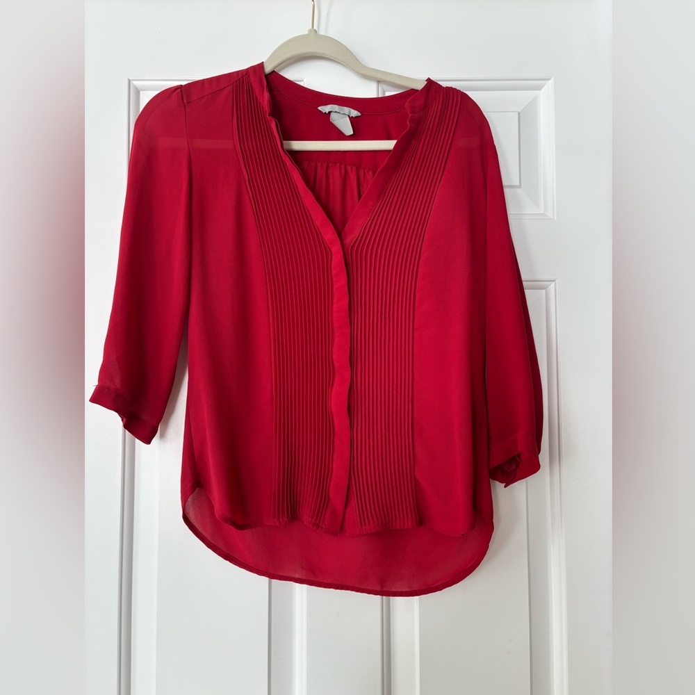 H&M Red Pleated Button-Down Blouse